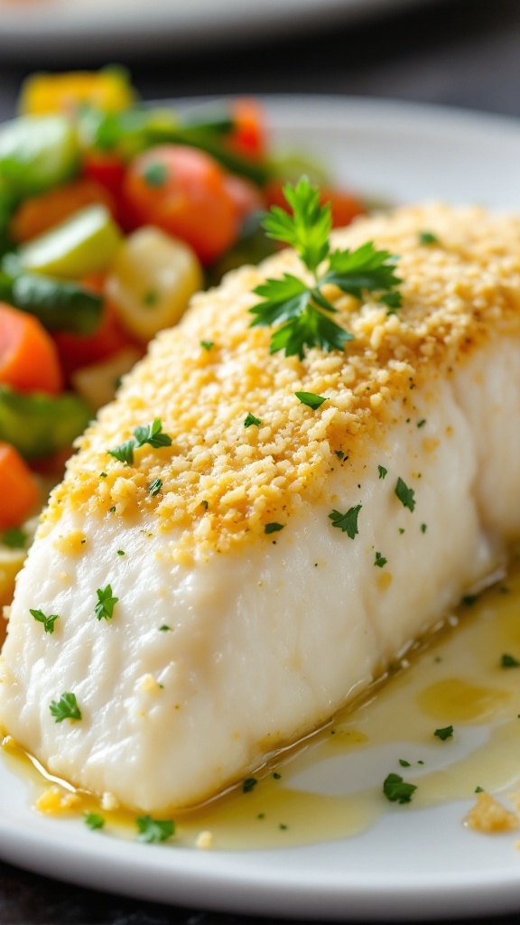 Parmesan Crusted Baked Cod fillet with golden topping, served with steamed vegetables.