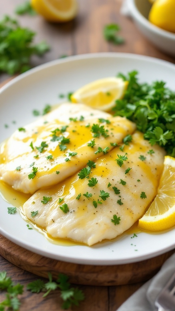 Lemon butter baked tilapia garnished with parsley and lemon wedges on a white plate.