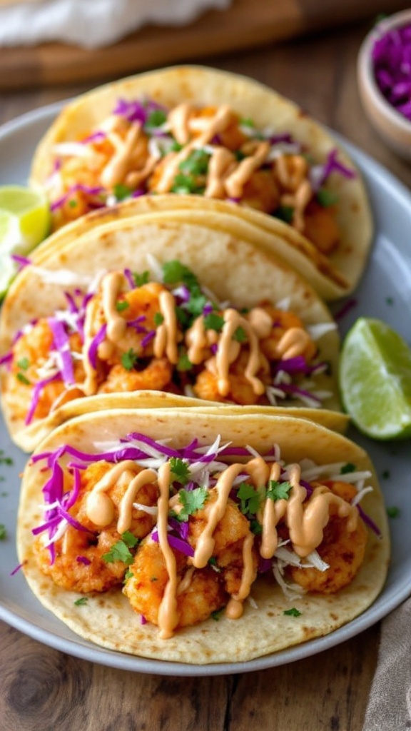 Crispy Bang Bang Shrimp Tacos with spicy mayo and cabbage, served on a rustic wooden table.