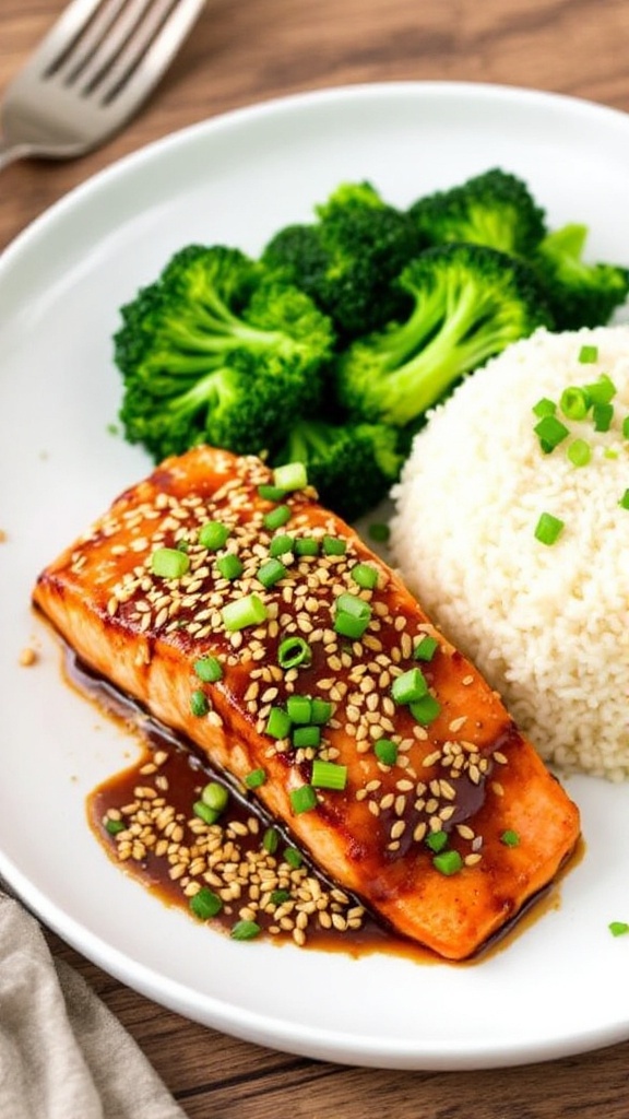 A fillet of miso glazed salmon with sesame seeds, served with rice and broccoli on a white plate.