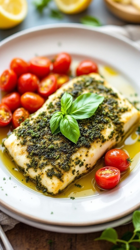 Pesto crusted halibut fillet with roasted cherry tomatoes, garnished with basil, served on a rustic table.