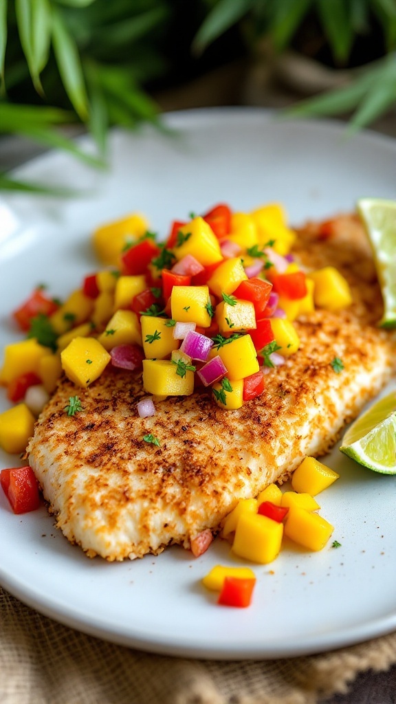 Coconut-crusted mahi-mahi fillet with mango salsa, garnished with lime, set against a tropical backdrop.