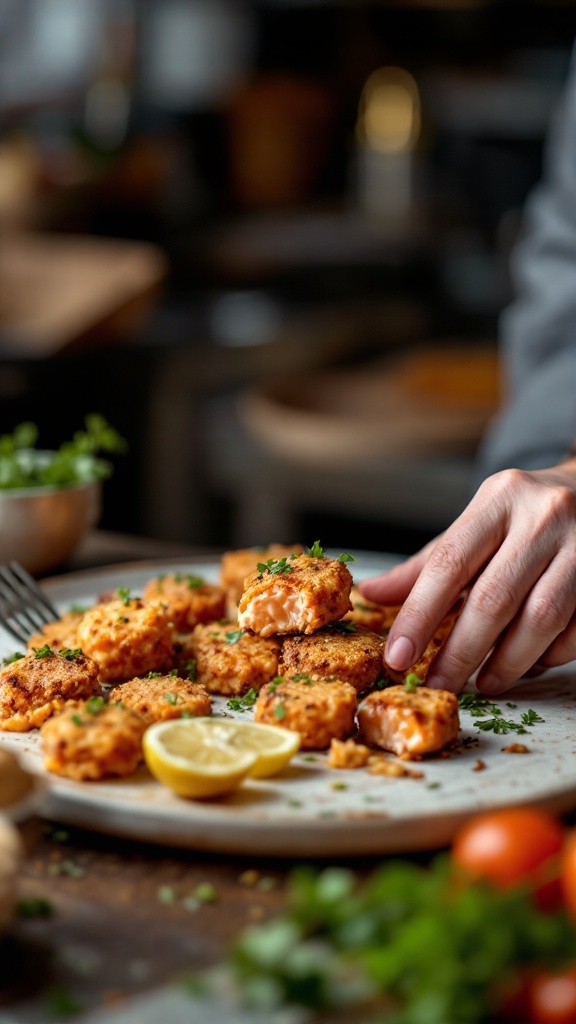 Delicious crispy honey garlic salmon bites garnished with parsley and lemon