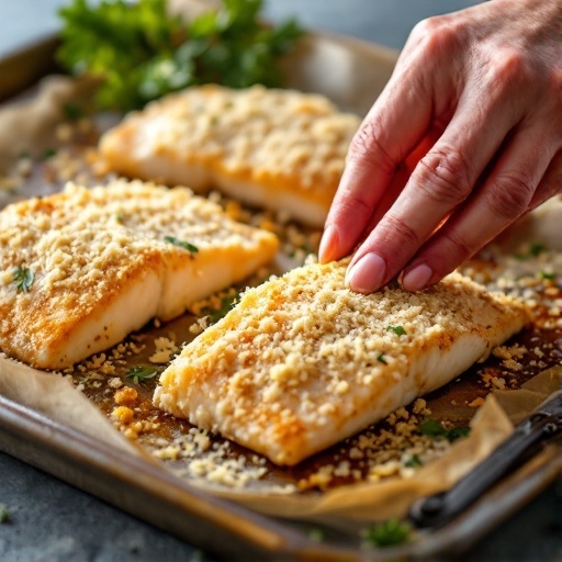 Baked cod fillets with a crispy Parmesan crust, garnished with parsley.