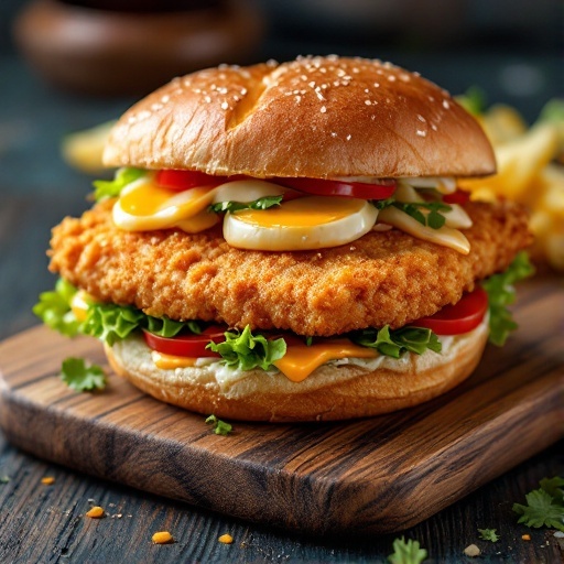 A freshly assembled crispy fried cod sandwich with lettuce, tomato, and cheese on a toasted sesame seed bun.