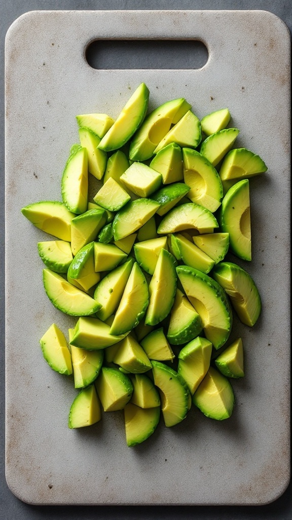 Sliced avocados laid out on a cutting board.