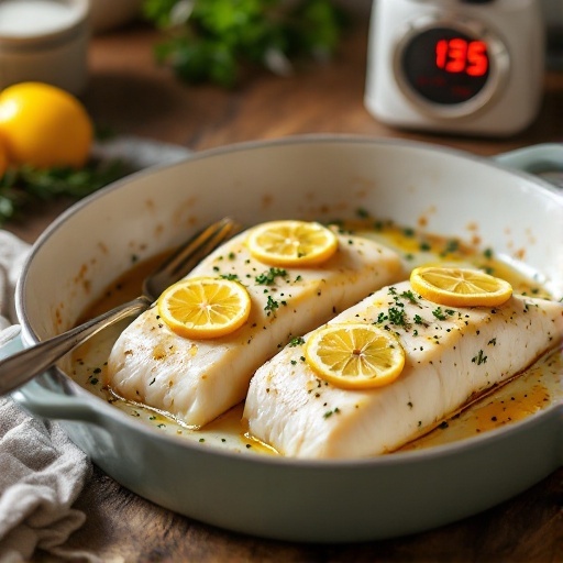 Lemon Butter Baked Cod dish ready for serving with lemon slices