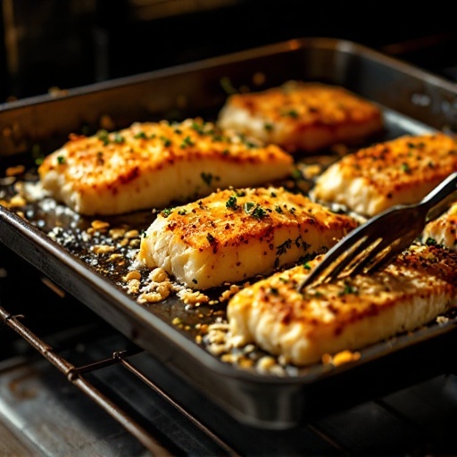 Parmesan crusted cod fillets baking in the oven