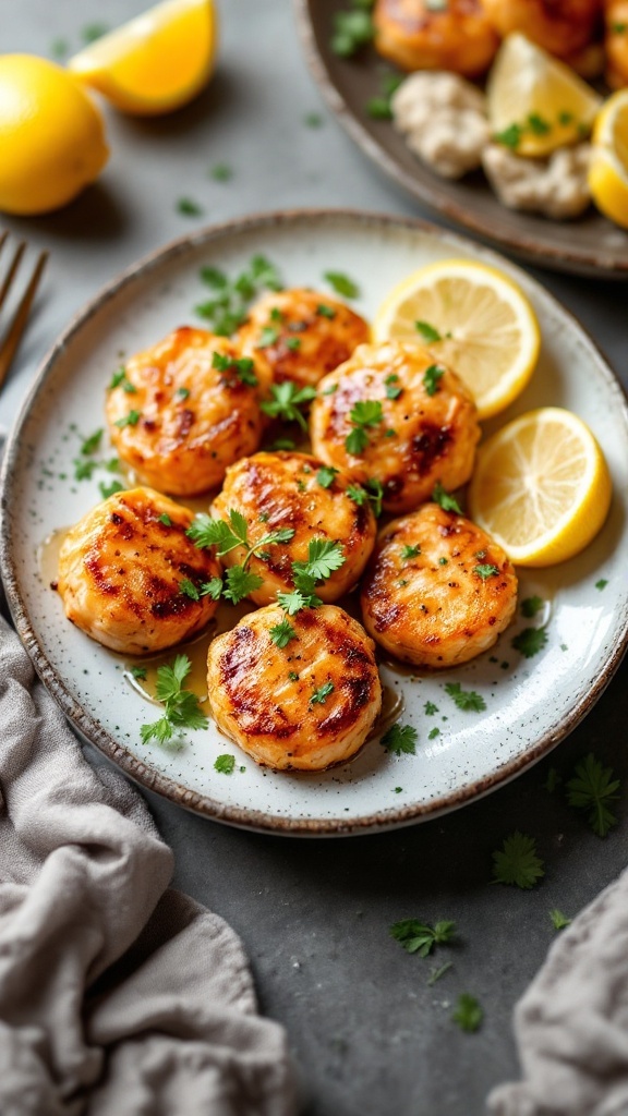 Crispy honey garlic salmon bites served with lemon slices and garnished with parsley.