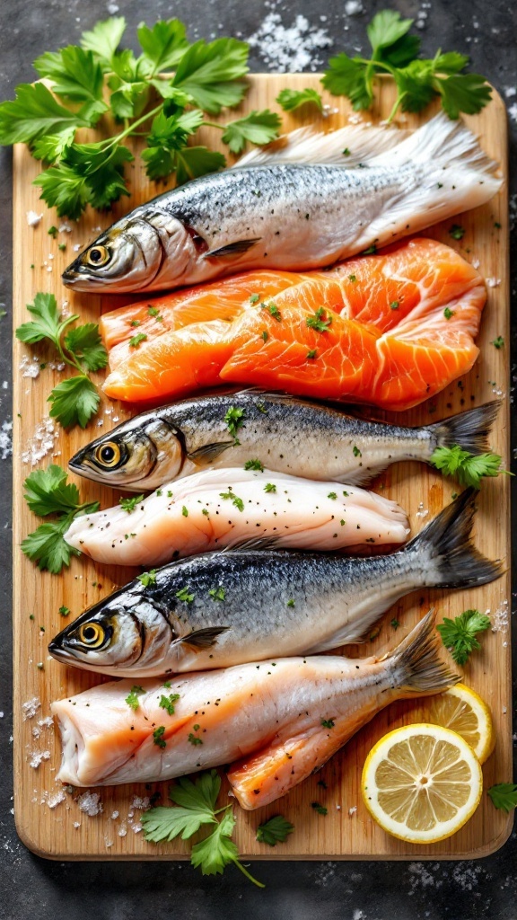 A selection of fresh fish on a cutting board, garnished with herbs.