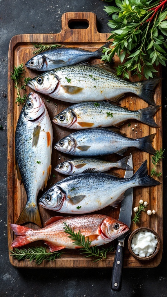 A selection of fresh fish on a wooden cutting board, ready for a Mediterranean recipe.