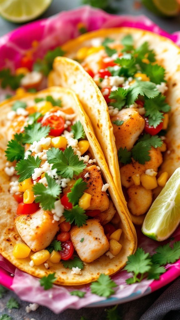 Cilantro lime fish tacos topped with fresh ingredients.