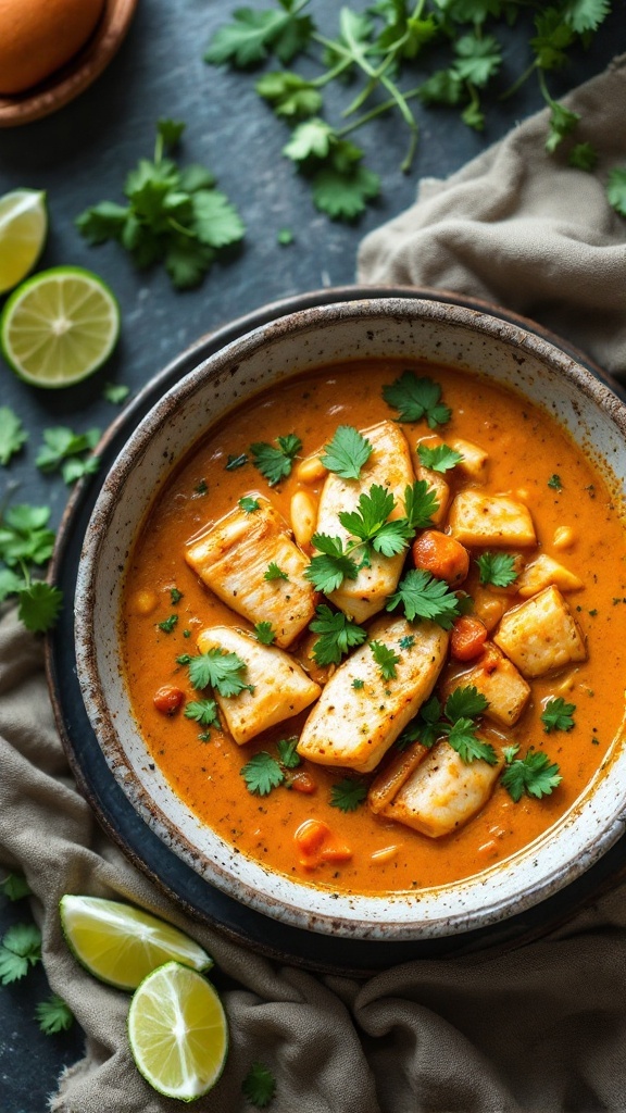 A bowl of coconut curry fish stew garnished with cilantro and lime slices.