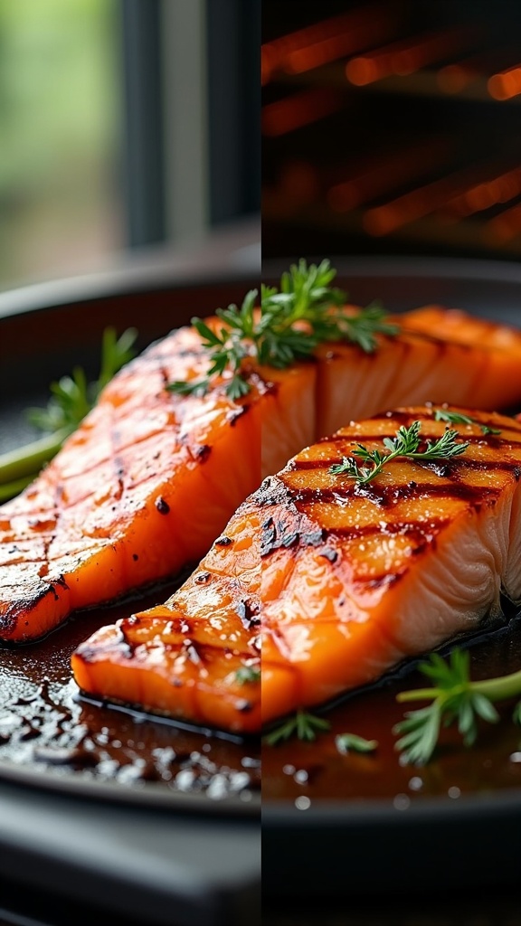 Deliciously grilled and baked salmon fillets with Cajun spices and honey butter glaze.