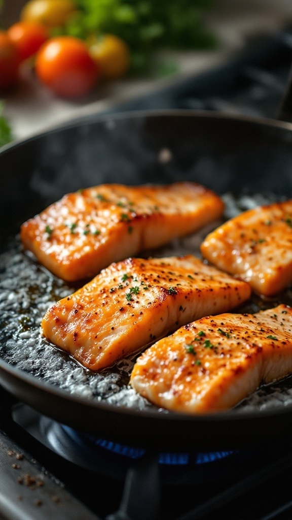 A skillet with perfectly seared fish fillets in a lemon butter sauce.