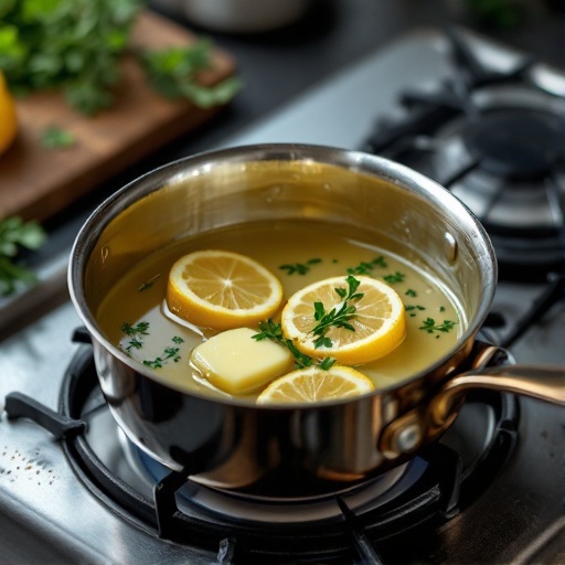 A saucepan with lemon slices and butter on the stove