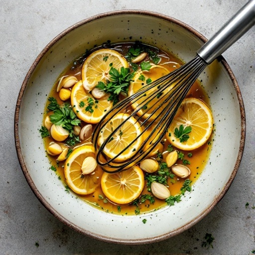 A bowl of zesty marinade with lemon slices and fresh herbs