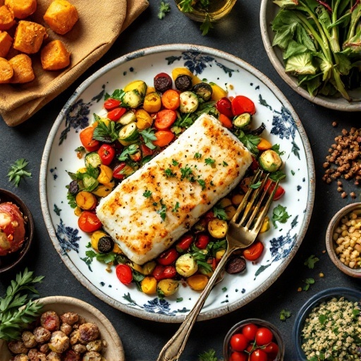 Plate of Parmesan crusted cod with colorful vegetables and a side salad