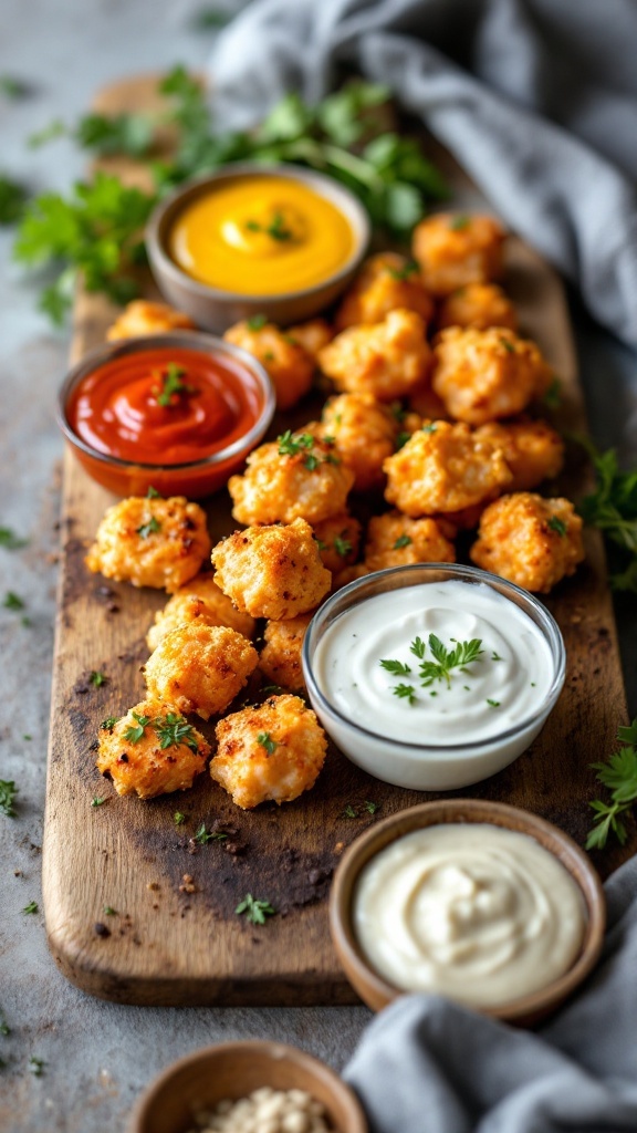 A platter of crispy salmon bites with various dipping sauces.