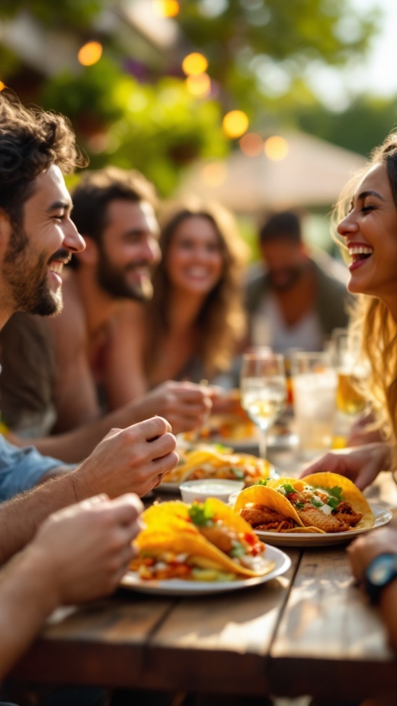 Group of friends enjoying fish tacos at a table outdoors