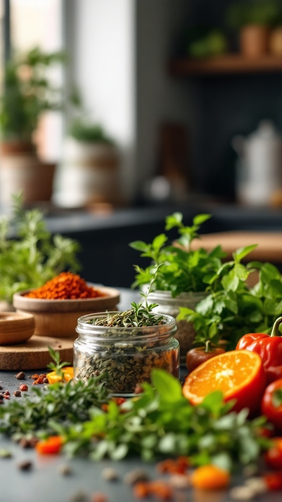 A variety of Mediterranean herbs and spices for cooking.