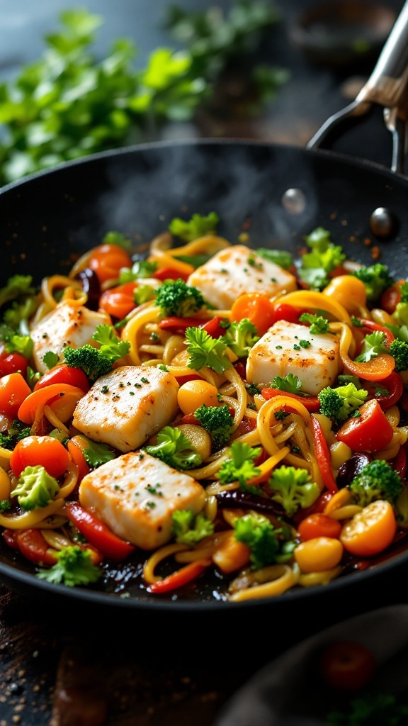 A delicious fish stir-fry with colorful vegetables in a skillet.