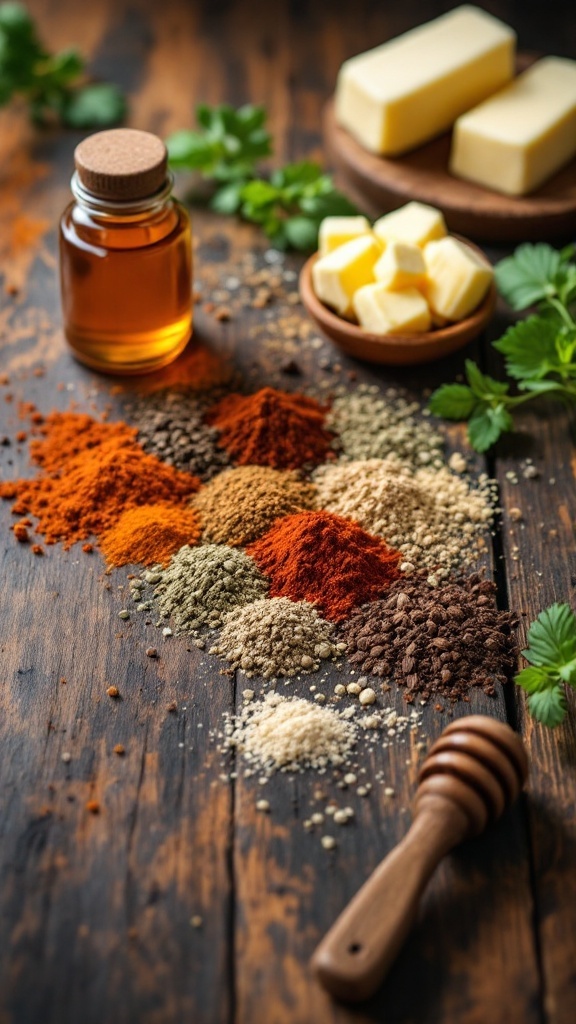 Ingredients for making Cajun Honey Butter Salmon, including butter, honey, and spices.