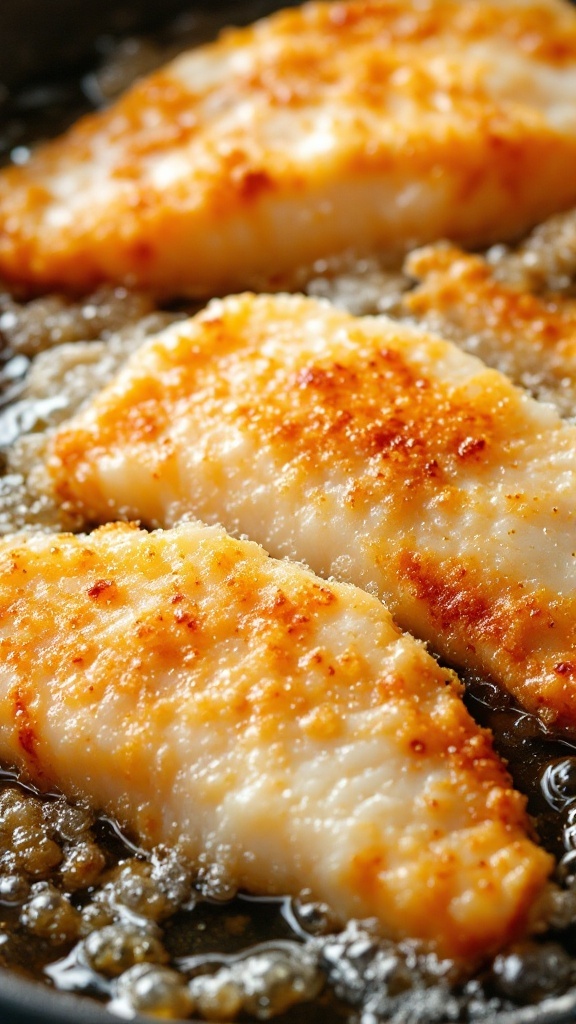 Crispy fish fillets being fried