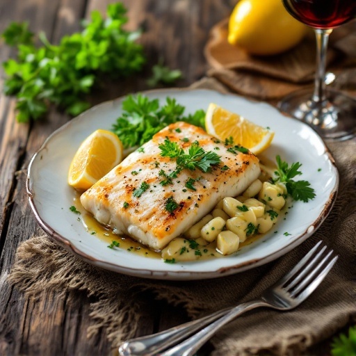 A plate of lemon butter baked cod garnished with fresh herbs and lemon slices