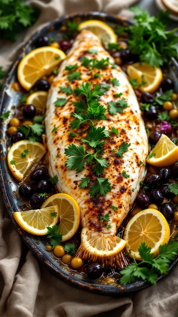 A beautifully garnished baked fish dish with lemon slices and fresh herbs.