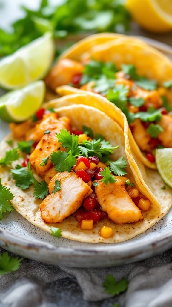 Crispy fish tacos garnished with lime wedges and cilantro