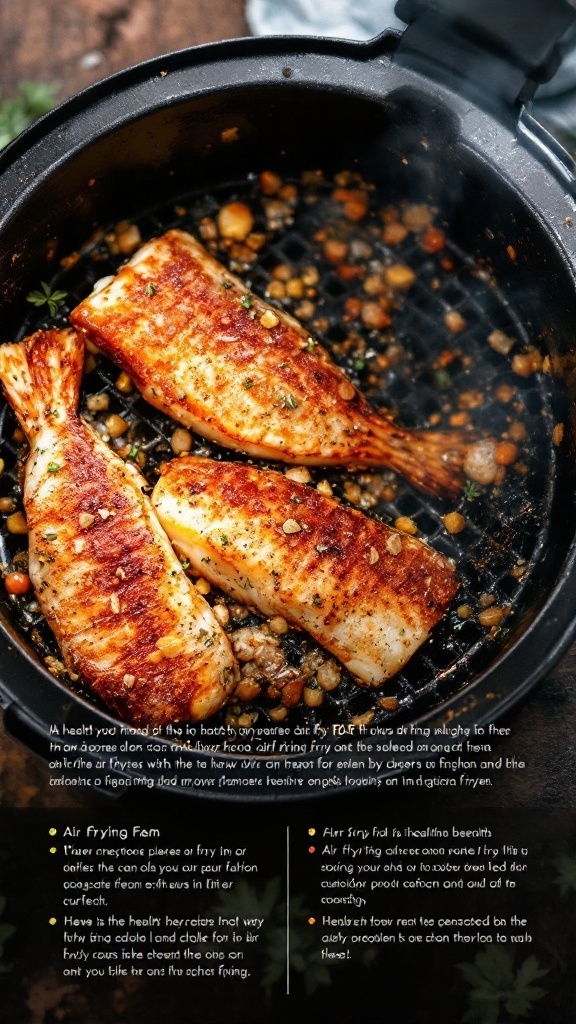 A dish of crispy air fryer fish with a golden brown crust and garnishes.