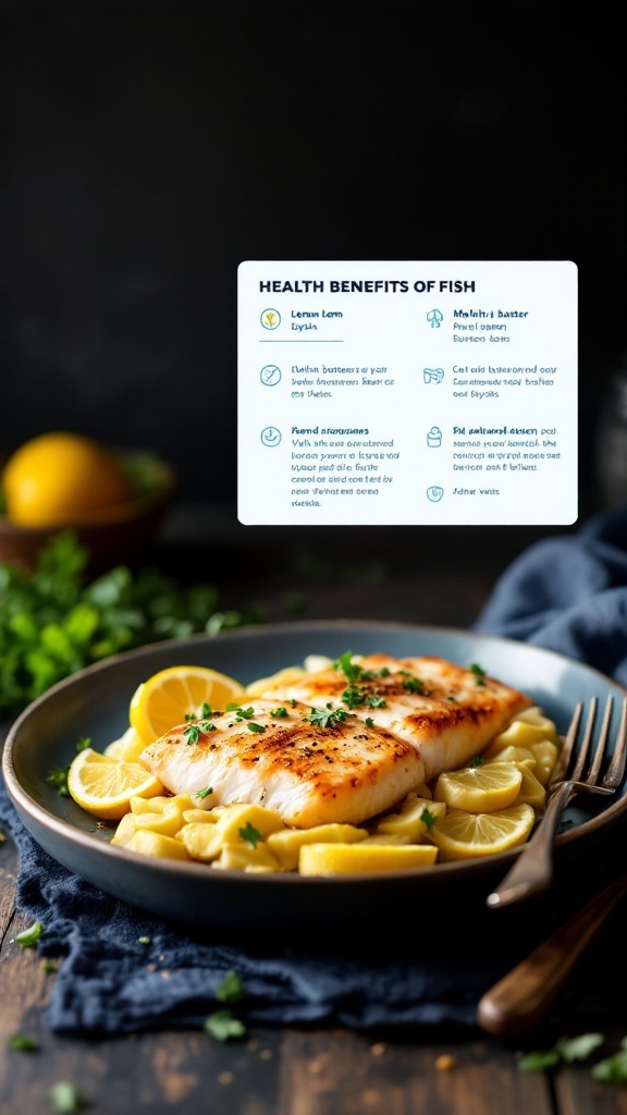 Zesty Lemon Butter Fish Fillet served with pasta and garnished with lemon slices and parsley