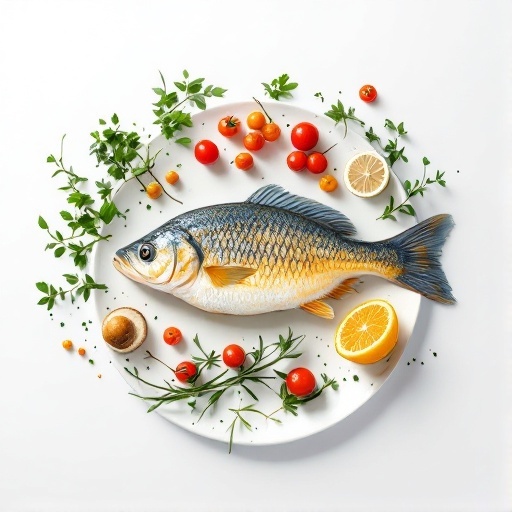 A beautifully arranged plate of tilapia with fresh herbs, lemon, and tomatoes.