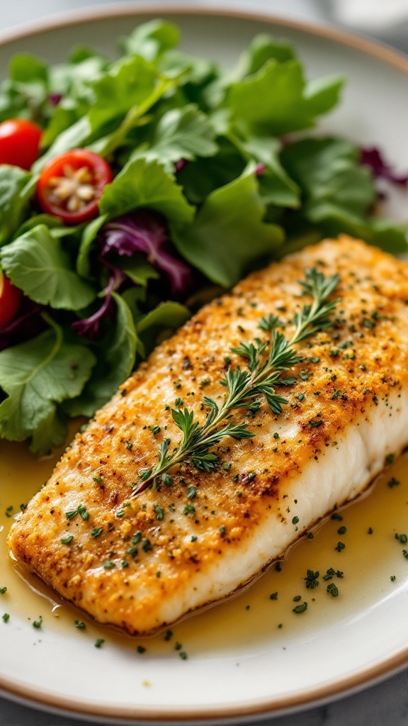 Herb-crusted tilapia fillet served with a fresh salad