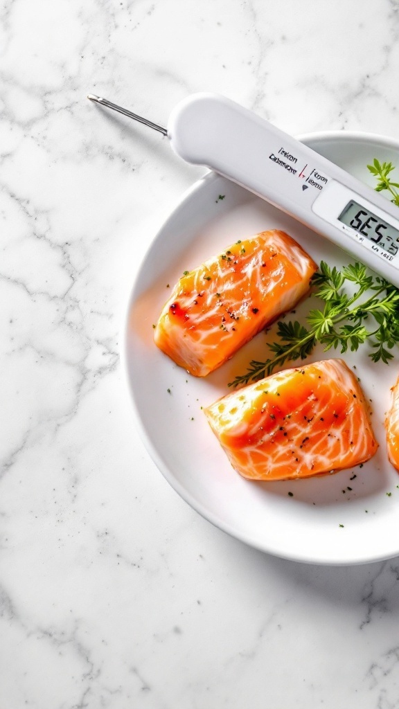 Crispy Honey Garlic Salmon Bites on a plate with a thermometer