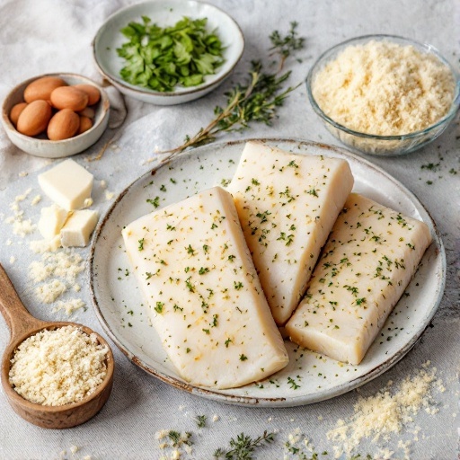 A plate of cod fillets with a Parmesan crust, surrounded by ingredients like parsley, breadcrumbs, and butter.