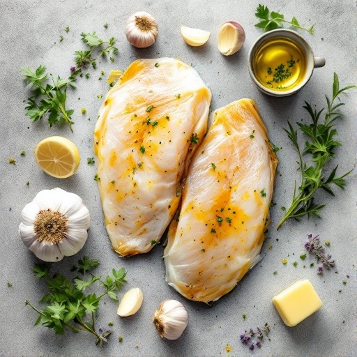 Ingredients for Garlic Butter Tilapia including fish, garlic, herbs, lemon, and butter.