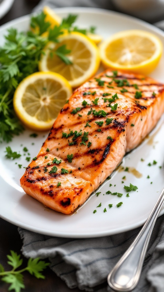 Lemon herb grilled salmon fillet garnished with parsley and lemon slices.