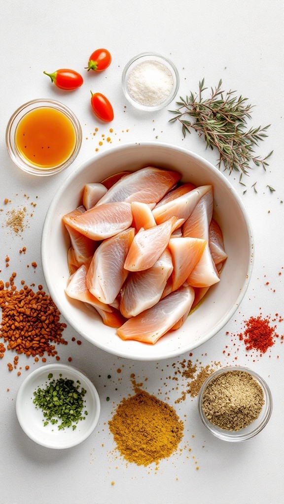 Bowl of fish fillets surrounded by various spices and ingredients for marinating.