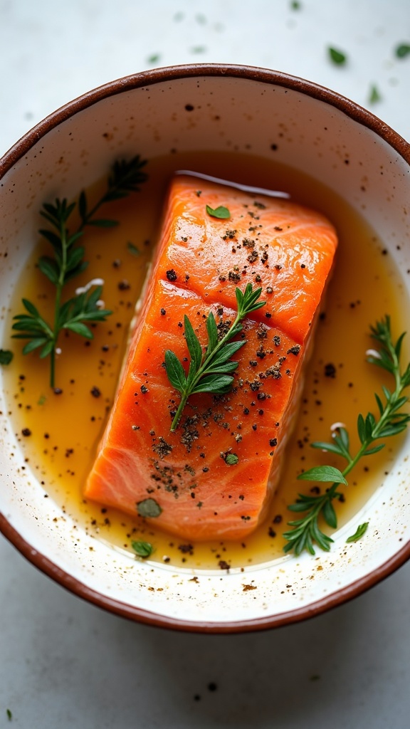 A salmon fillet marinating in honey and Cajun spices.