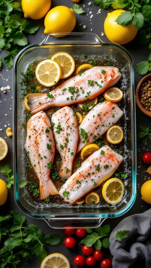 A dish featuring fish fillets marinated with lemon and herbs, ready to be baked.