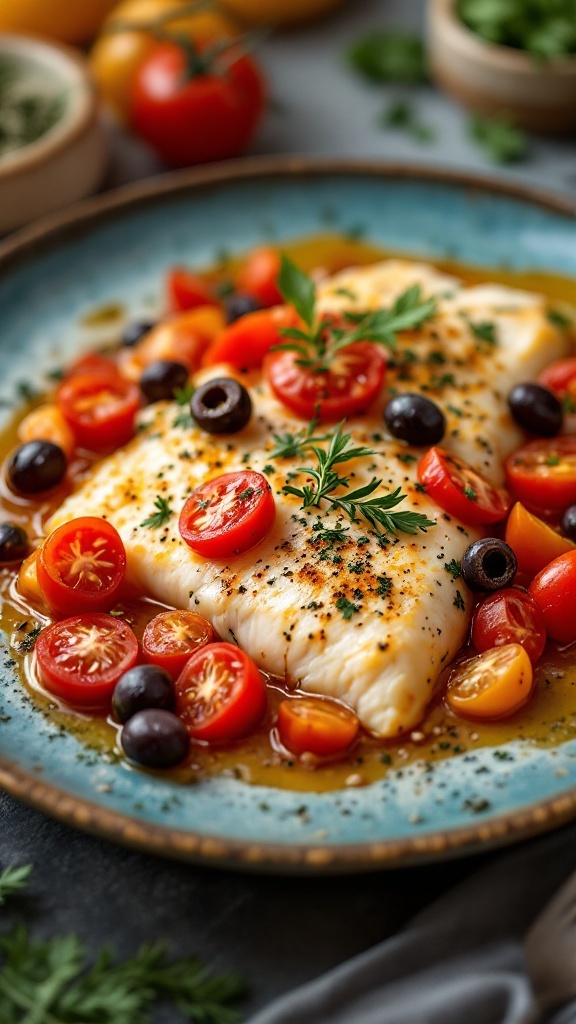 Baked cod with cherry tomatoes and olives on a plate