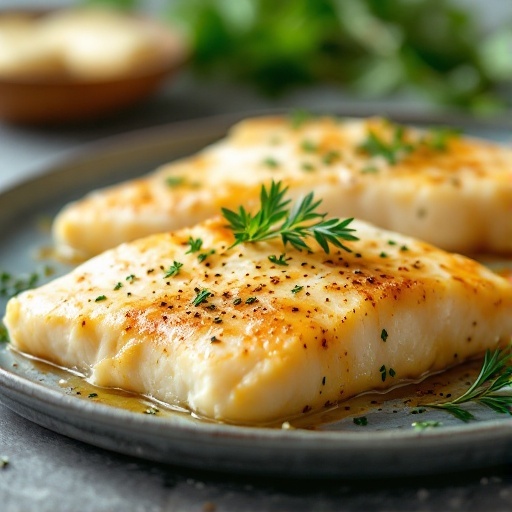 A plate of baked Parmesan crusted cod fillets garnished with herbs