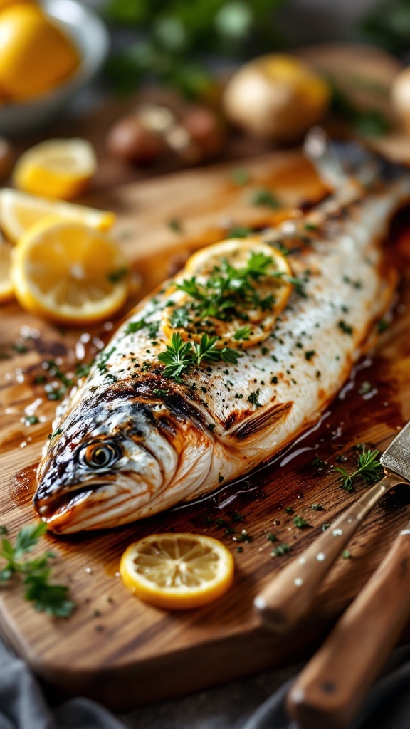 Oven-roasted rainbow trout garnished with herbs and lemon slices