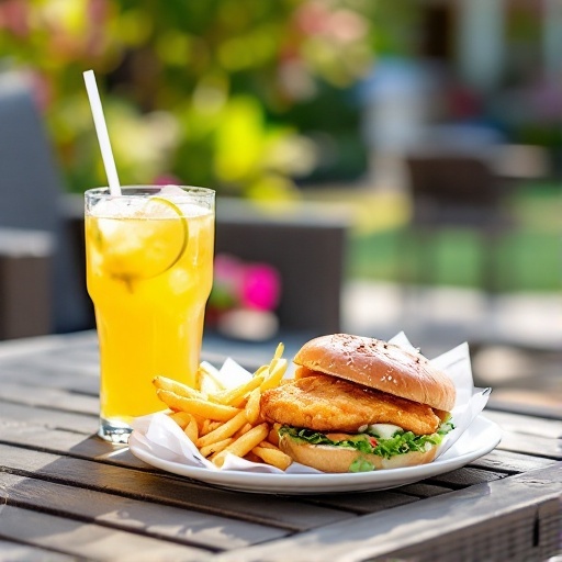 A crispy fried cod sandwich served with fries and a refreshing drink