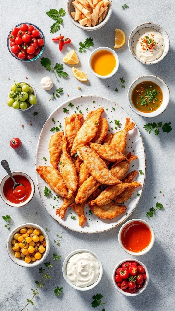 Crispy air fryer fish served with various sauces and dips