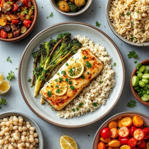 A delicious plate of Lemon Butter Baked Cod served with orzo and roasted vegetables.