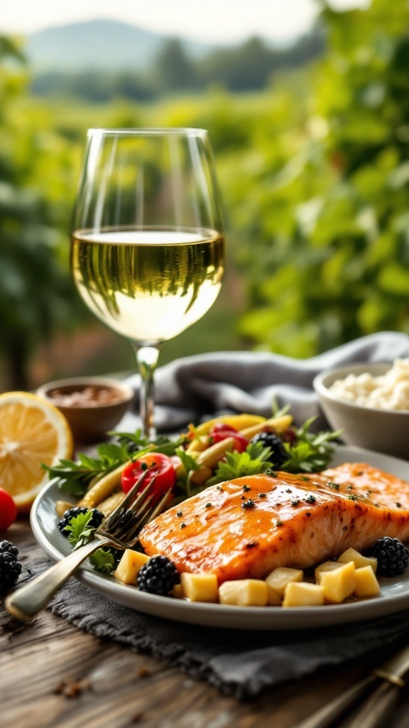 A plate of Cajun Honey Butter Salmon with a glass of wine and vibrant salad.