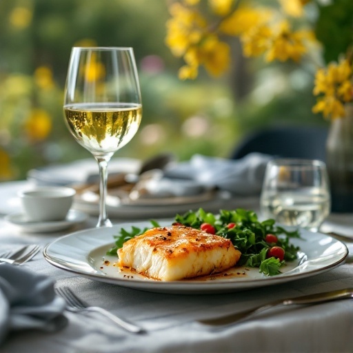 A plate of Parmesan crusted cod with a glass of white wine beside it